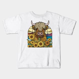 Sunflower Stained Glass Highland Cow #5 Kids T-Shirt